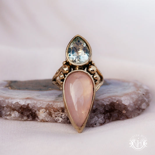 Anillo Athena | Anillo de cuarzo rosa y prasiolita hecho a mano bajo pedido
