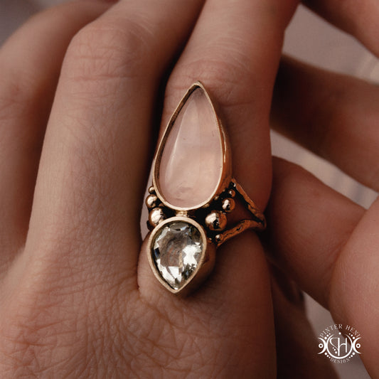 Anillo Athena | Anillo de cuarzo rosa y prasiolita hecho a mano bajo pedido