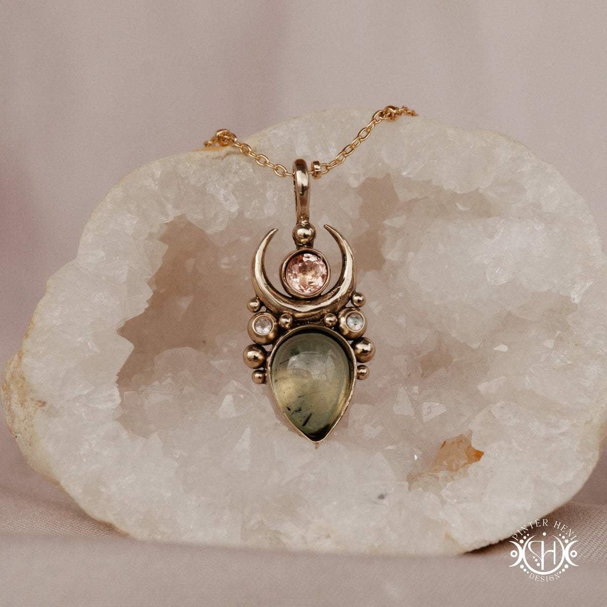 Handmade Artemis pendant with green prehnite and morganite in brass setting. Available in brass, silver, and solid gold.