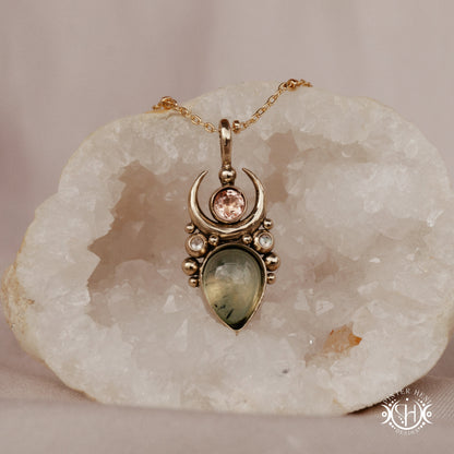 Handmade Artemis pendant with green prehnite and morganite in brass setting. Available in brass, silver, and solid gold.