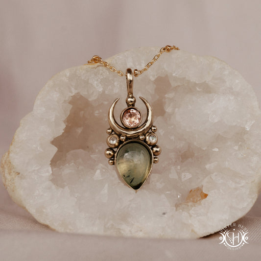 Handmade Artemis pendant with green prehnite and morganite in brass setting. Available in brass, silver, and solid gold.