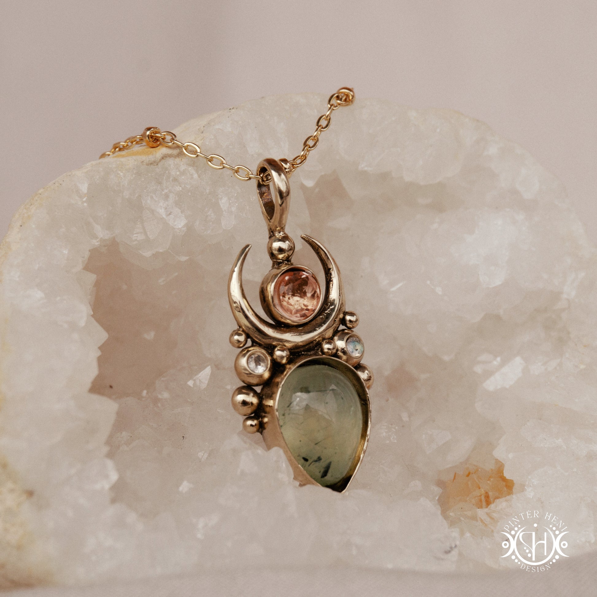 Handmade Artemis pendant with green prehnite and morganite in brass setting. Available in brass, silver, and solid gold.