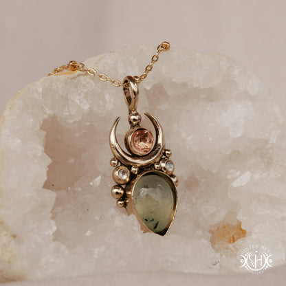 Handmade Artemis pendant with green prehnite and morganite in brass setting. Available in brass, silver, and solid gold.