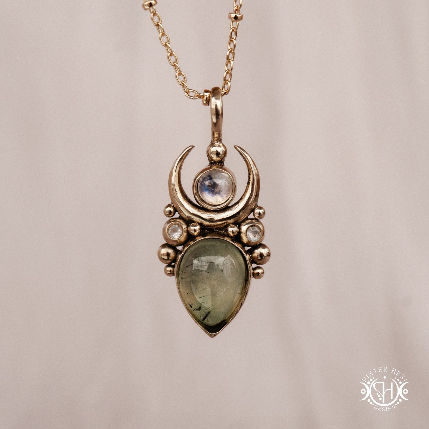Brass Moon pendant with prehnite and moonstone, front view