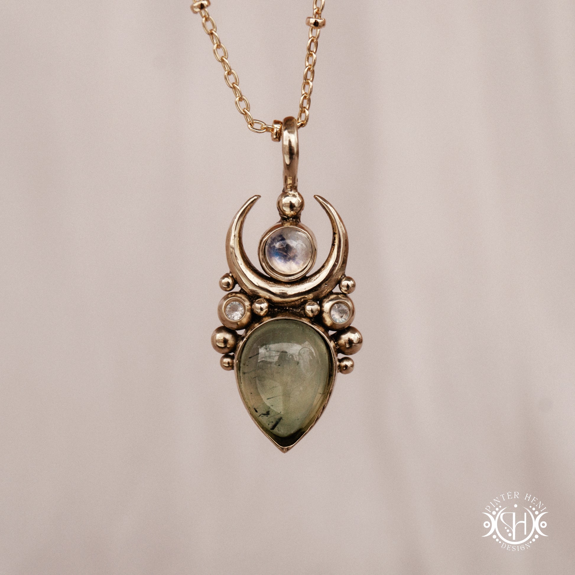 Brass Moon pendant with prehnite and moonstone, front view
