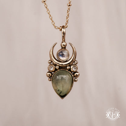 Brass Moon pendant with prehnite and moonstone, front view