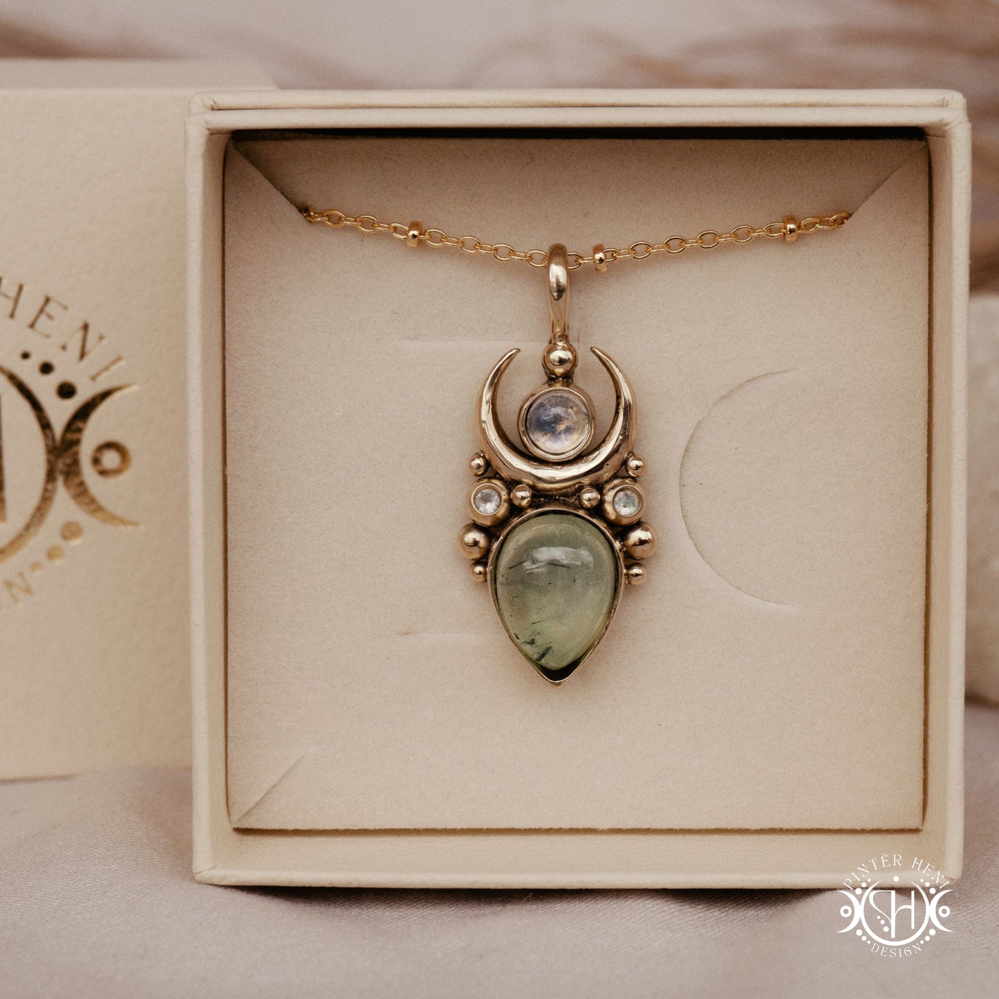 Brass Moon pendant with prehnite and moonstone, in branded jewelry box