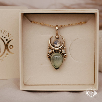 Brass Moon pendant with prehnite and moonstone, in branded jewelry box