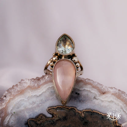 Anillo Athena | Anillo de cuarzo rosa y prasiolita hecho a mano bajo pedido