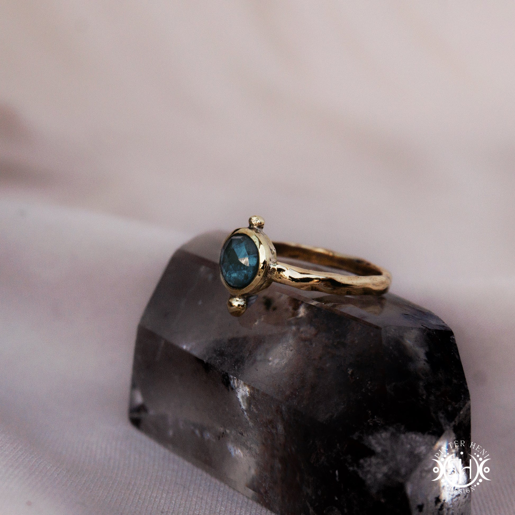 One-of-a-kind brass ring with moss blue kyanite stone from the Skybound Awakening collection.