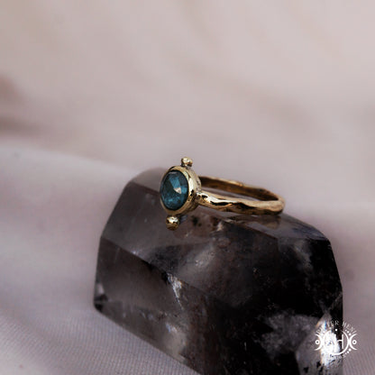 One-of-a-kind brass ring with moss blue kyanite stone from the Skybound Awakening collection.