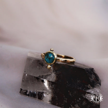 One-of-a-kind brass ring with moss blue kyanite stone from the Skybound Awakening collection.