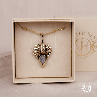 Hand-carved Agave pendant inspired by desert plant structure, sculptural botanical necklace in brass, in branded jewelry box