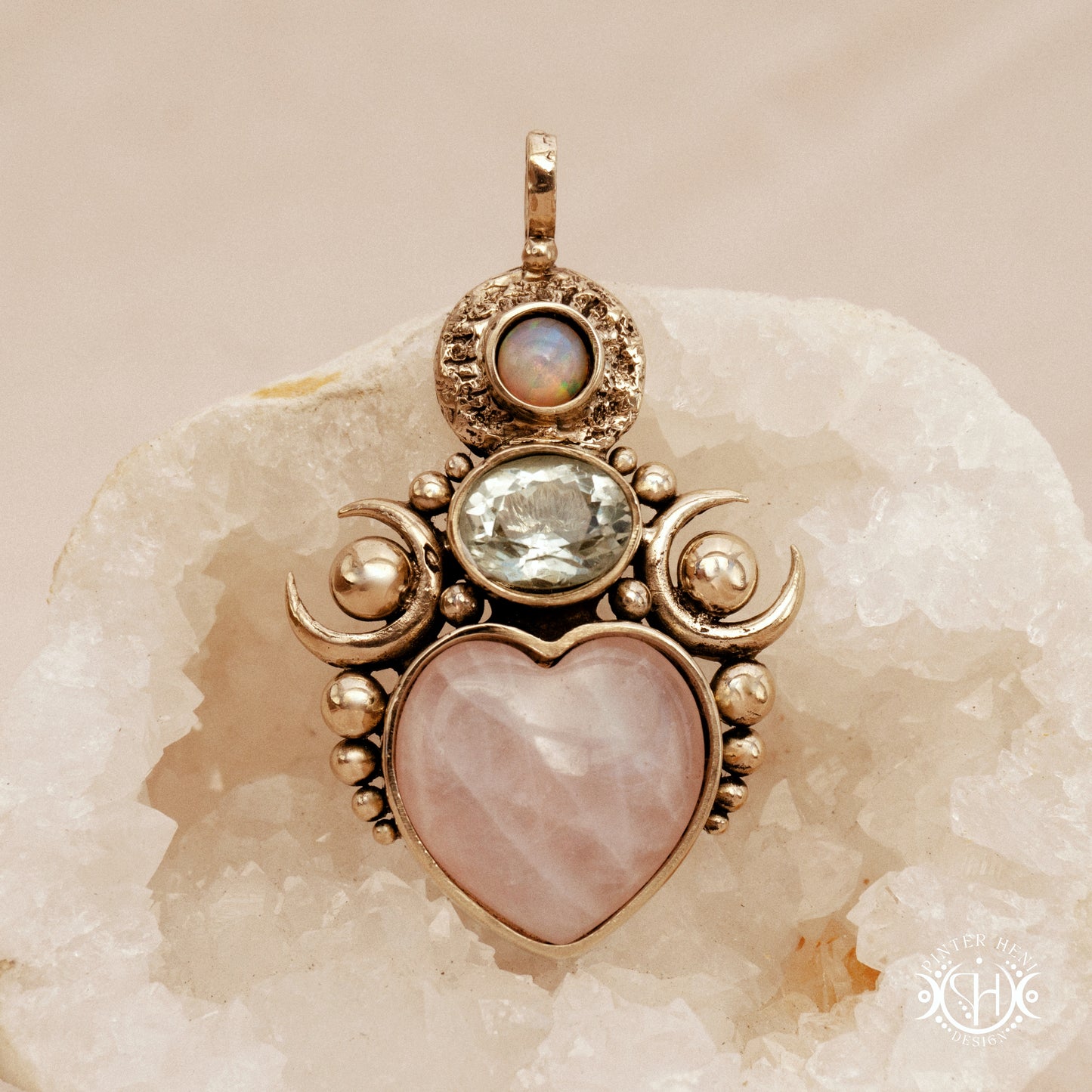 Hand-carved Aphrodite pendant with rose quartz, opal and prasiolite.