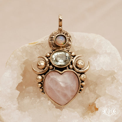Hand-carved Aphrodite pendant with rose quartz, opal and prasiolite.