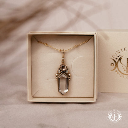 Handmade brass pendant with clear quartz and morganite, in jewelry box