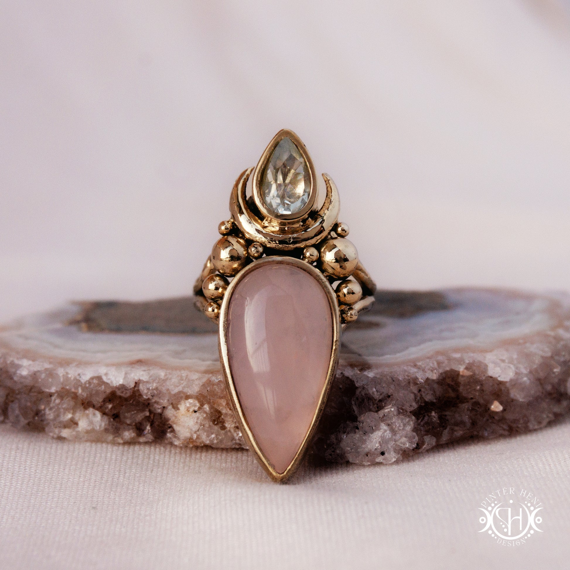 Handmade Artemis ring with prasiolite and rose quartz