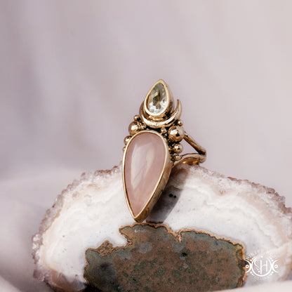 Handmade Artemis ring with prasiolite and rose quartz, worn on hand.