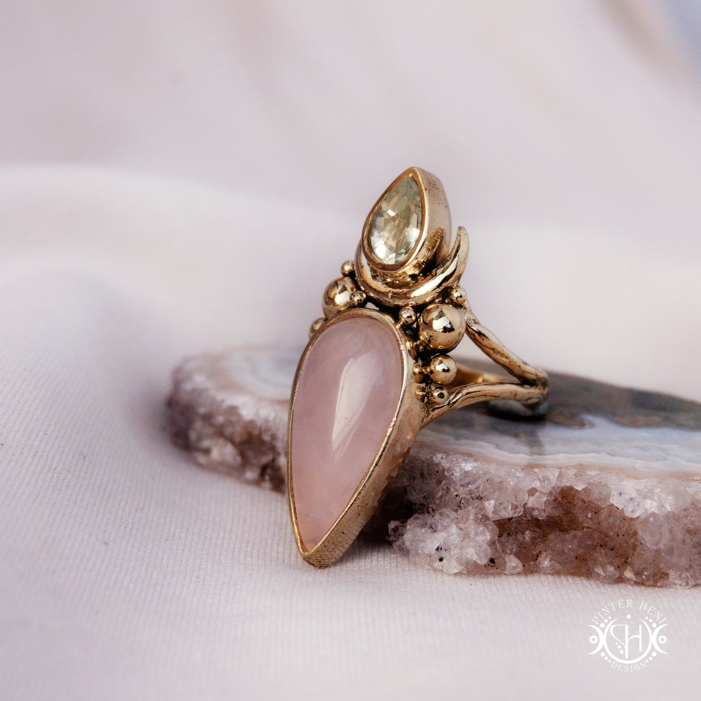 Handmade Artemis ring with prasiolite and rose quartz, on crystal.