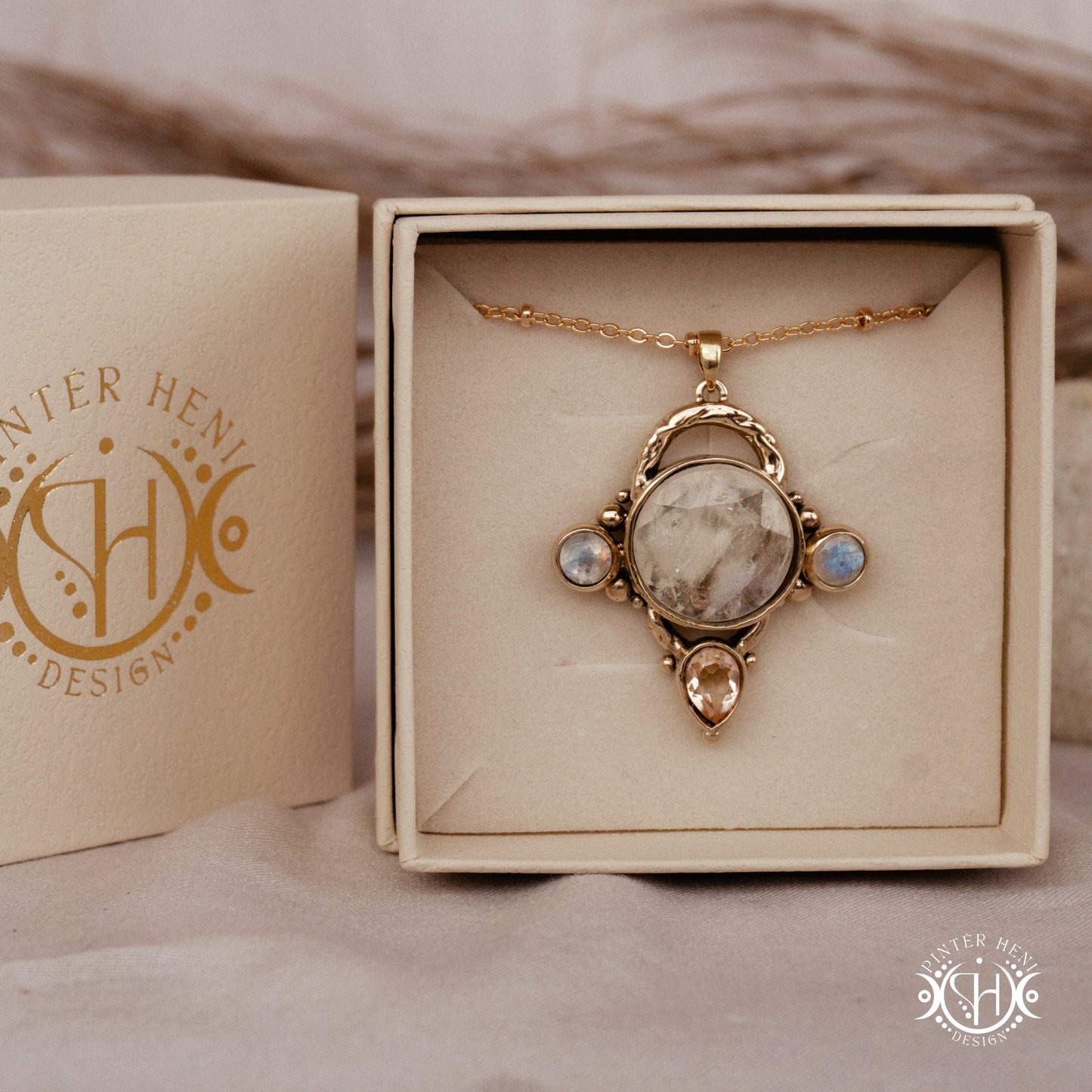 Handmade brass pendant with moonstone, morganite and clear quartz, in branded jewelry box