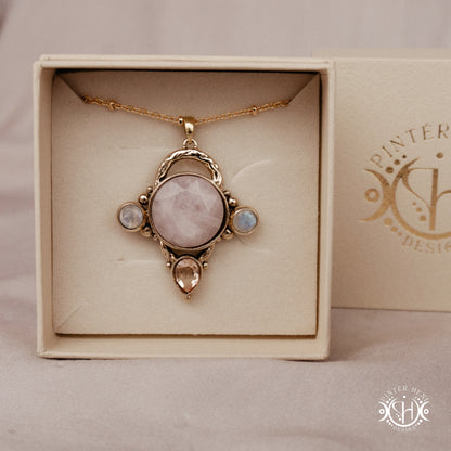 Handmade brass pendant with moonstone, morganite and rose quartz, in branded jewelry box