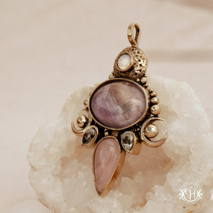 Hand-carved Demeter pendant with rose quartz, amethyst and prasiolite.