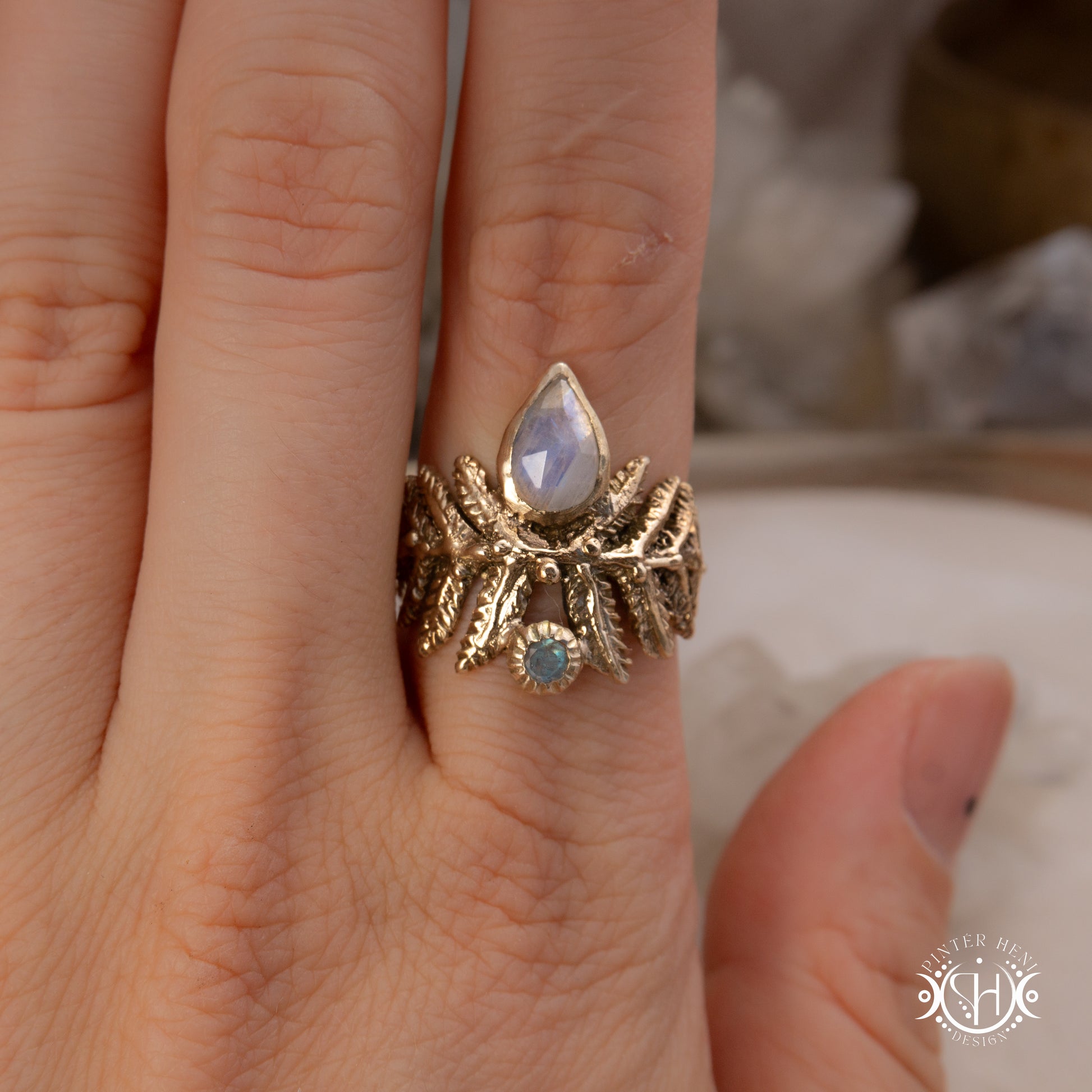 Handcrafted sculptural brass fern ring with labradorite stone.