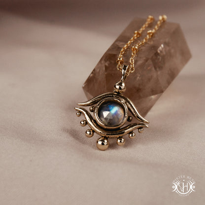 Hand-carved eye pendant in brass from the Primal Symbols collection by Pintér Heni Design