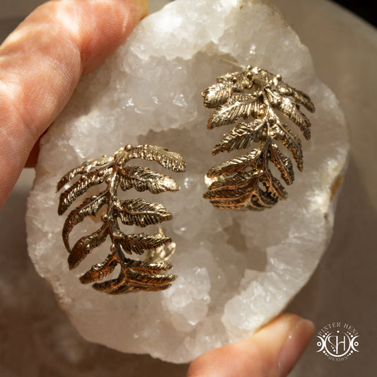 Small handcrafted fern earrings with moonstone in brass.