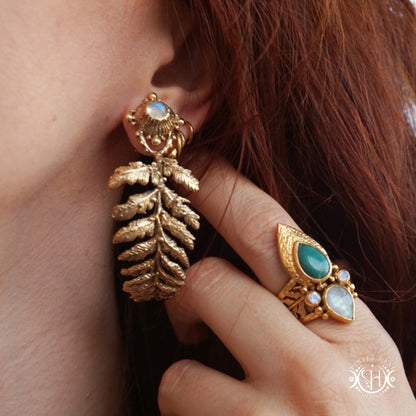 Large handcrafted fern earrings with moonstone.