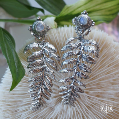 Large handcrafted fern earrings with moonstone.