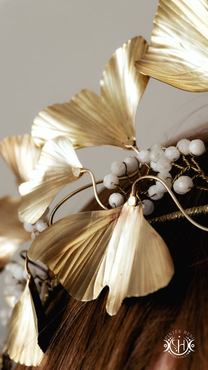 Handmade brass ginkgo leaf bridal crown with moonstones worn on model