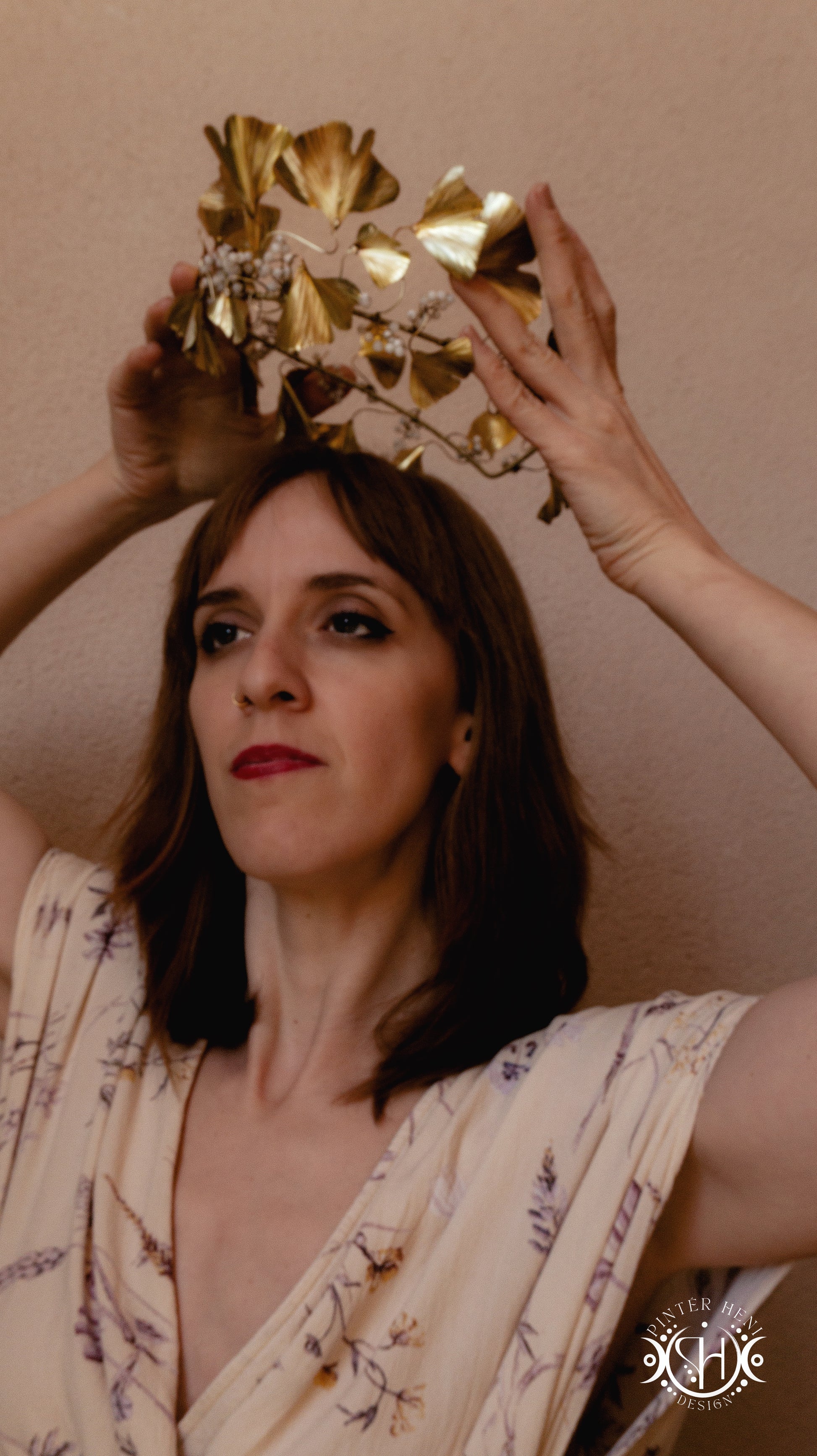 Handmade brass ginkgo leaf bridal crown with moonstones worn on model
