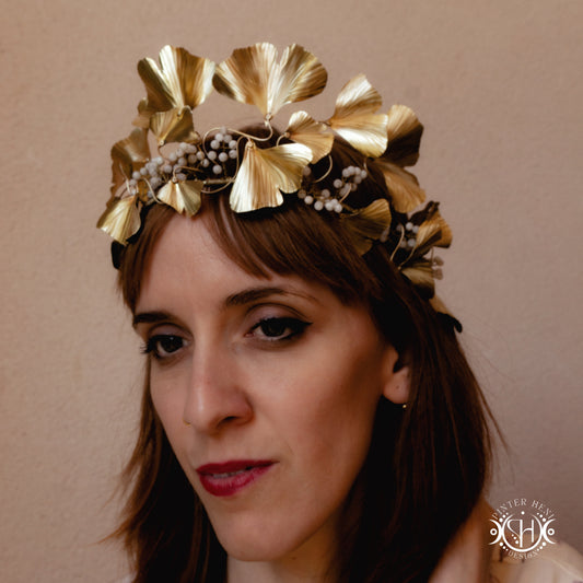 Handmade brass ginkgo leaf bridal crown with moonstones worn on model