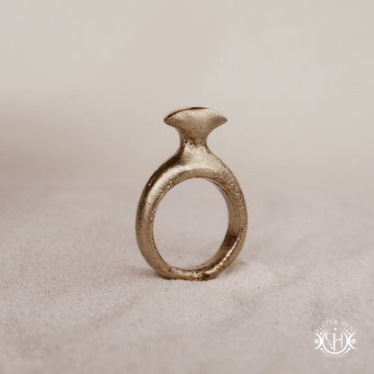 Glyph Ring handmade sandcast brass ring with curved sculptural top and ancient symbolic character