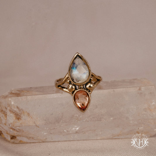Handmade Harmonia ring with moonstone in symmetrical sculptural setting