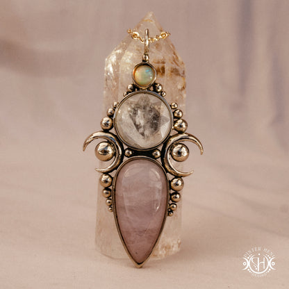 Hand-carved Hecate pendant with rose quartz, rock crystal and opal.