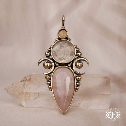 Hand-carved Hecate pendant with rose quartz, rock crystal and opal.