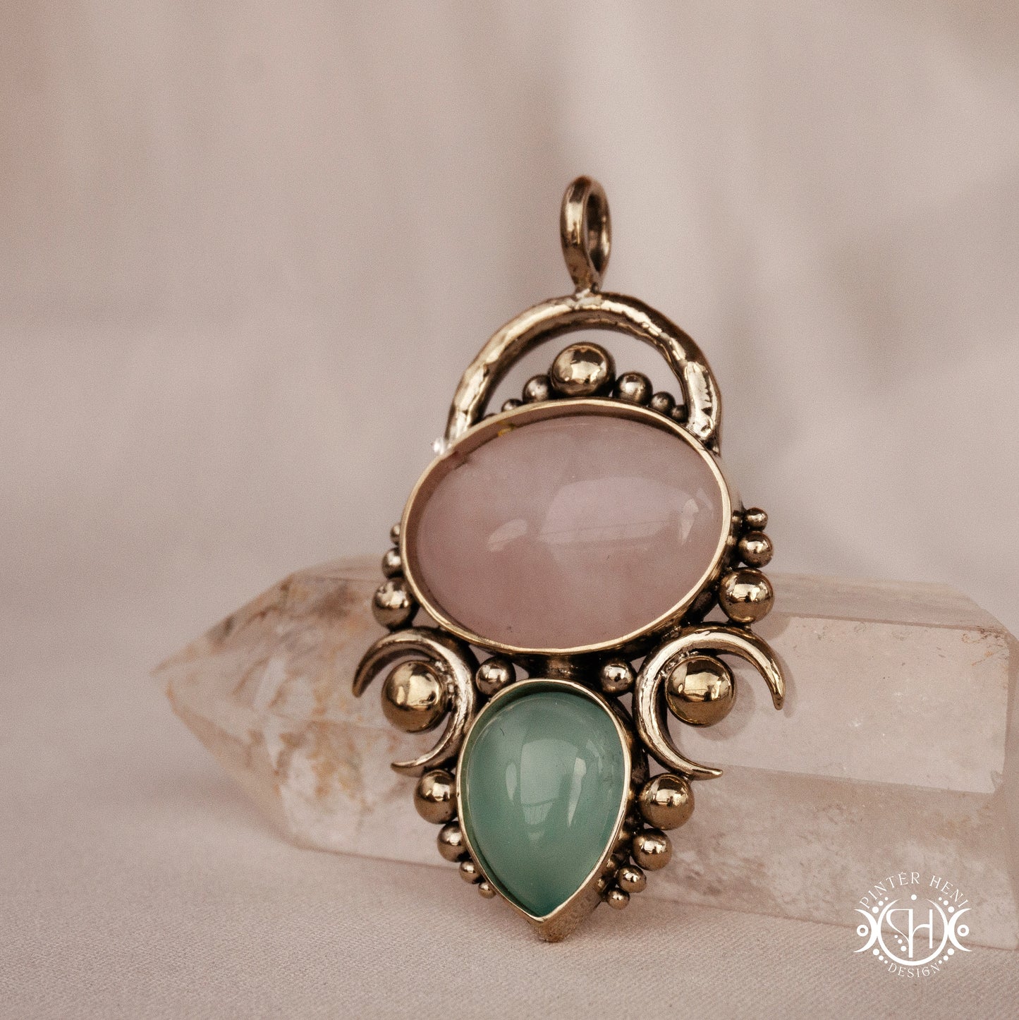 Handmade Hestia pendant with rose quartz and seagreen chalcedony.