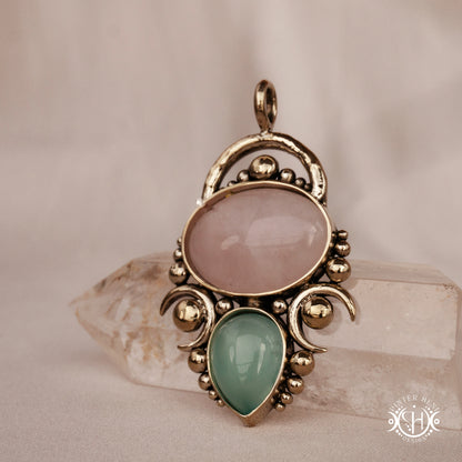 Handmade Hestia pendant with rose quartz and seagreen chalcedony.