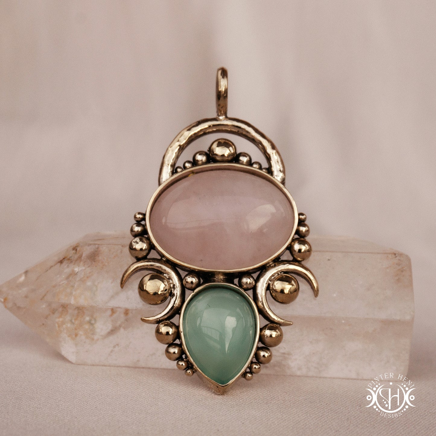 Handmade Hestia pendant with rose quartz and seagreen chalcedony.