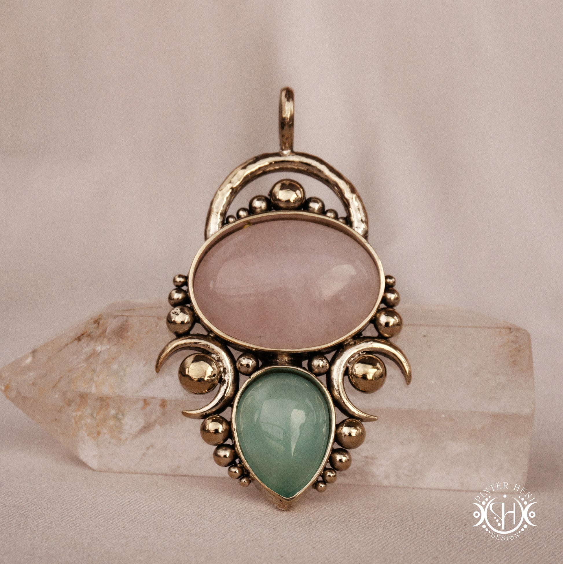 Handmade Hestia pendant with rose quartz and seagreen chalcedony.