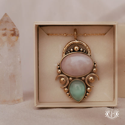 Handmade Hestia pendant with rose quartz and seagreen chalcedony, in jewelry box.