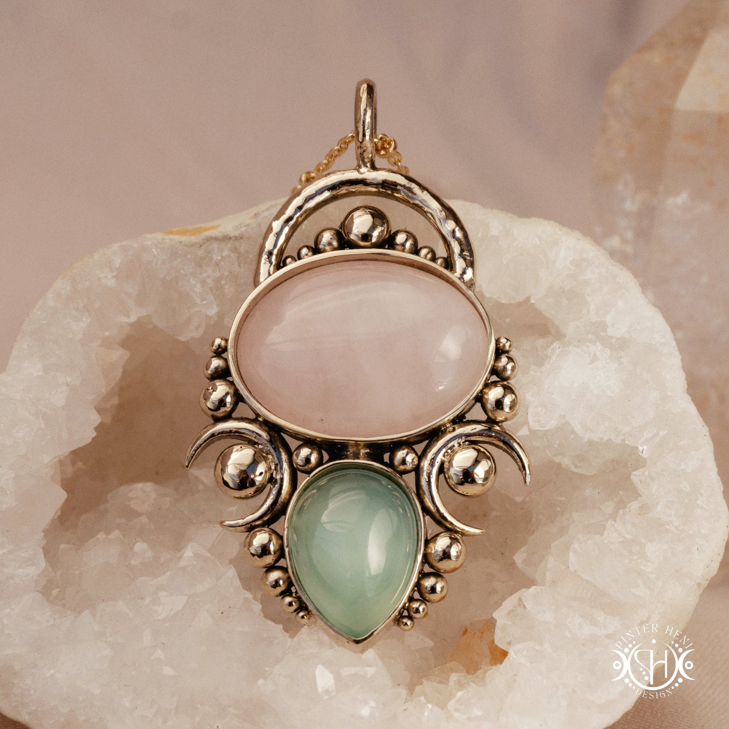 Handmade Hestia pendant with rose quartz and seagreen chalcedony.