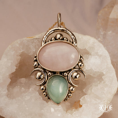 Handmade Hestia pendant with rose quartz and seagreen chalcedony.
