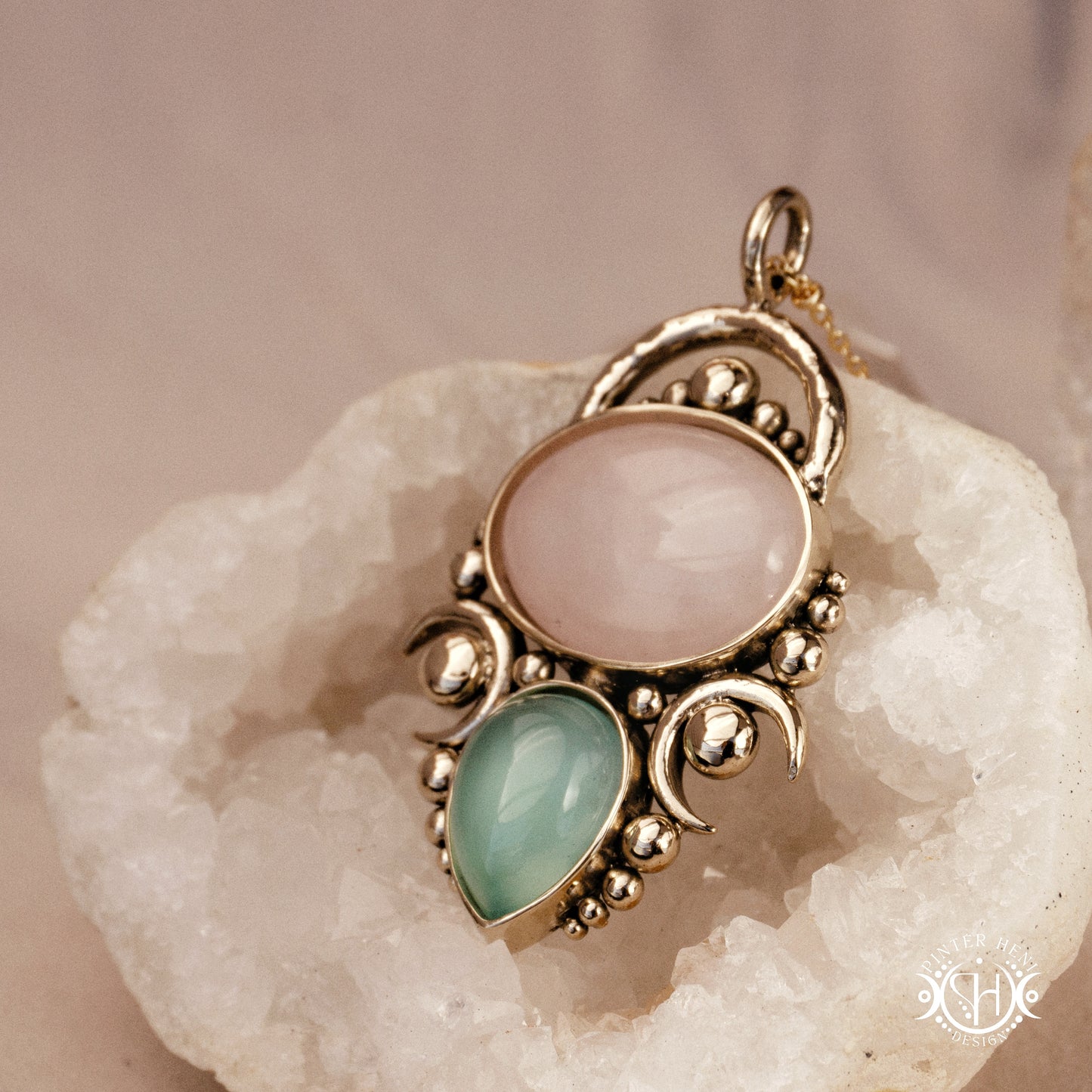 Handmade Hestia pendant with rose quartz and seagreen chalcedony.