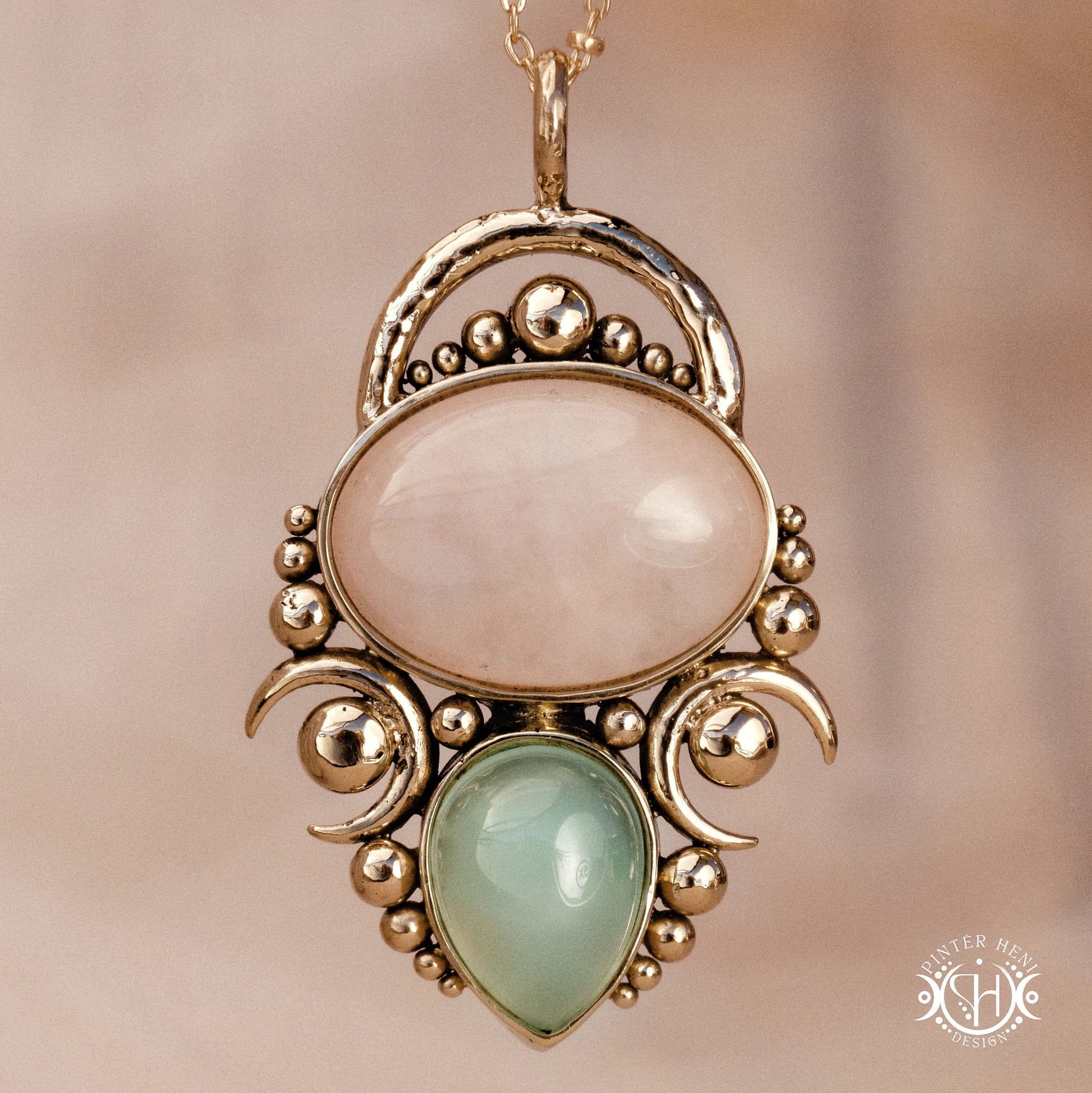 Handmade Hestia pendant with rose quartz and seagreen chalcedony.