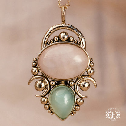 Handmade Hestia pendant with rose quartz and seagreen chalcedony.