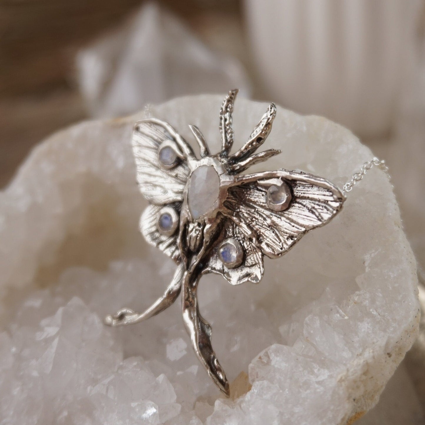 LUNA MOTH • Handcrafted Sterling Silver Moth Pendant with Moonstone 
