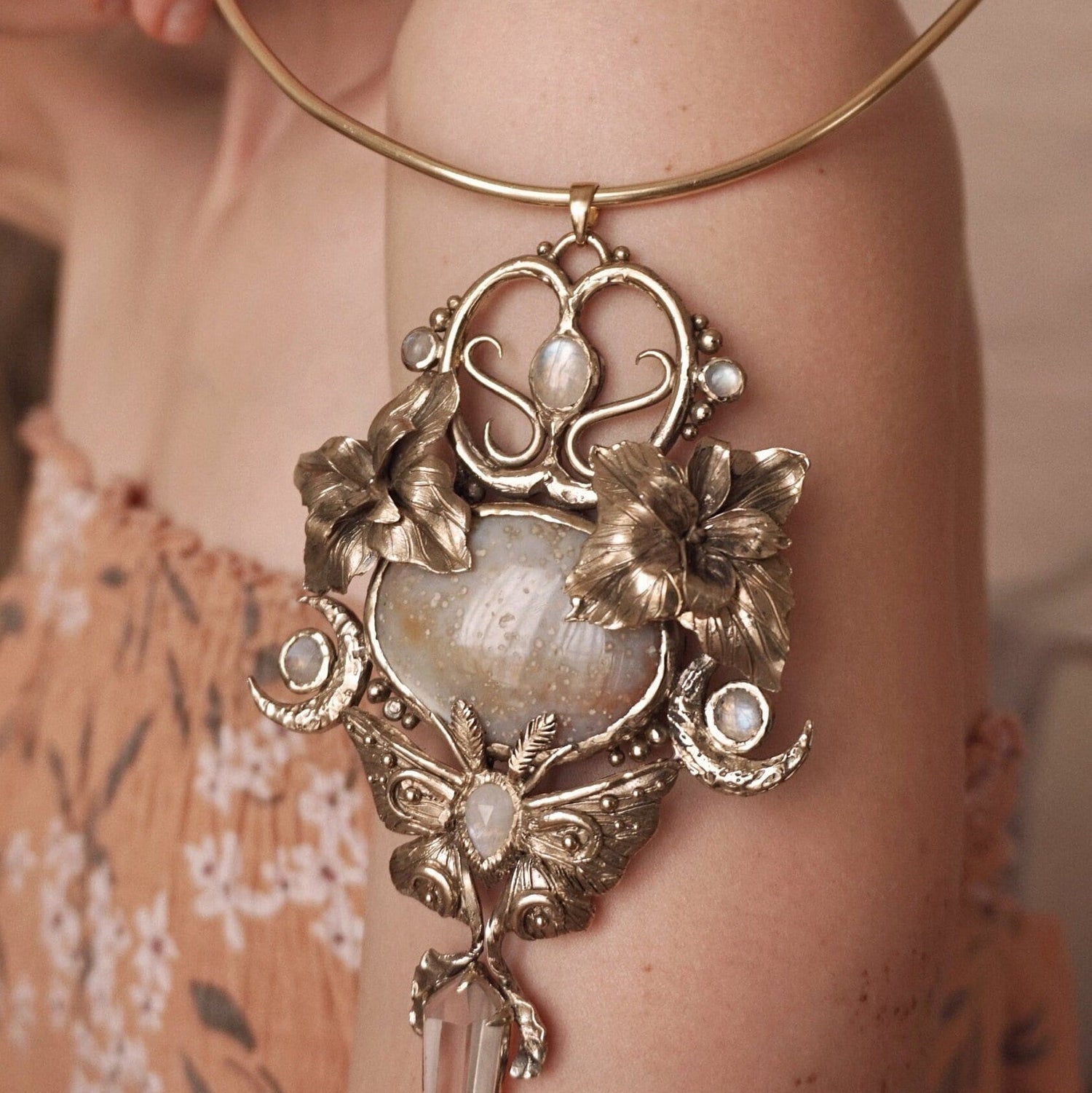 NEMETONA's SANCTUARY • Handcrafted Floral Brass Pendant • Ocean Jasper, Clear Quartz, Moonstones • Etheral Jewelry • Boho Goddess Talisman